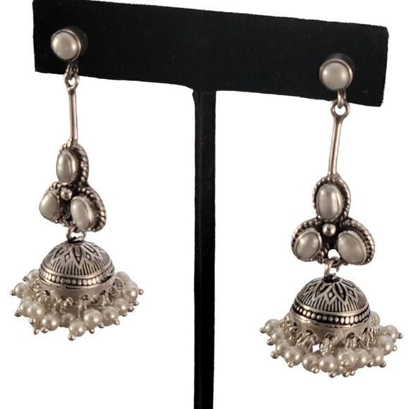 Sterling Handcrafted Pearl Boho Artisan Drop Earrings - Picture 2 of 8